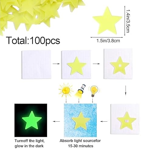 AM AMAONM 100 Pcs Yellow Glow in The Dark Luminous Stars Fluorescent Noctilucent Plastic Wall Stickers Murals Decals for Home Art Decor Ceiling Wall Decorate Kids Babys Bedroom Room Decorations - Yellow thumbnail 4