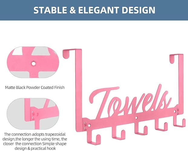 Azmoncy Over The Door Hooks, Towel Rack for Bathroom Towel Holder for Hanging Heavy Duty, Over Door Hanger with 5 Coat Hooks for Bedroom Bathroom Kitchen Towels, Pink thumbnail 4