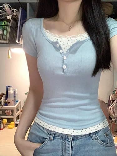 Women Lace Trim Y2K Cute Tshirt Coquette Floral Summer Ribbed Knit Crop Top Fairycore Baby Tees Cottagecore 90s Shirt thumbnail 5