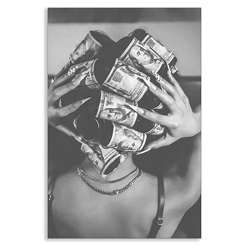 Woman with Money on Head Poster, Luxury Fashion Black and White Canvas Wall Art, Monochrome Style Girly Dorm Aesthetic Poster, Groovy Feminine Photography Print for Bedroom 12x16in Unframed - Image 1