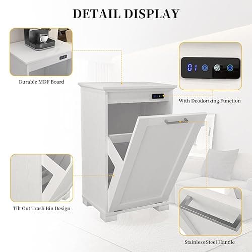 Ymise Tilt Out Trash Cabinet, 10-Gallon Trash Can Cabinet with Deodorising Function, Wooden Freestanding Garbage Can for Home and Kitchen Hidden Laundry Hamper, White thumbnail 5