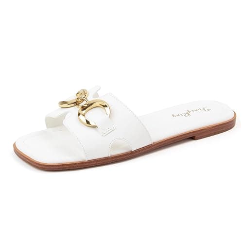 FancyRing Women's Flat Sandals Metal Chain Slip On Dressy Slide Sandals Square Toe Summer Casual Beach Vacation H-Band Sandals thumbnail 3