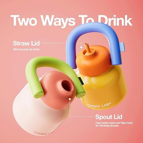 CHAKO LAB Water Bottle with Straw and Carry Handle | Wide Mouth vacuum insulated stainless steel Bottles | Reusable, leak-proof and BPA-free | 33oz (Pink&Green) thumbnail 6