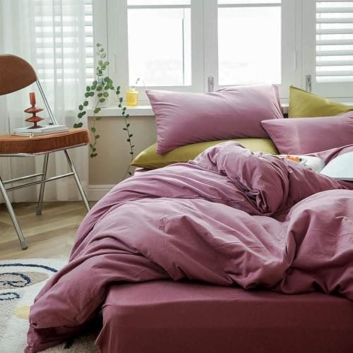 AMWAN Modern Purple Mauve Solid Cotton Duvet Cover with 2 Pillowcases, King Size, Knit Comforter Cover, Luxurious Bedding Set thumbnail 4