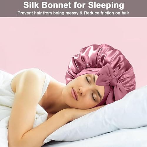 2Pcs Silk Hair Satin Bonnet for Sleeping Women,Large Satin Sleep Bonnets for Women with Elastic Tie Band Silk Hair Wrap with Ajustable Straps,Night Sleep Cap for Curly Braids,Black+Rose Gold thumbnail 5