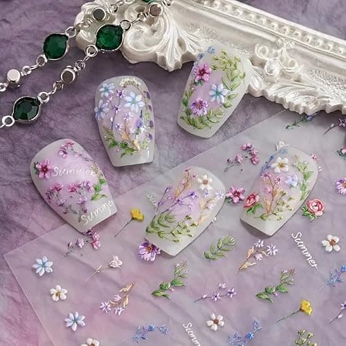 Flower Nail Stickers for Nail Art - Flowers Nail Art Stickers Summer Floral Leaf Plant 5D Embossed Nail Decals Self-Adhesive Nails Supply Manicure Sliders Flower Stickers for Nails Decoration thumbnail 4