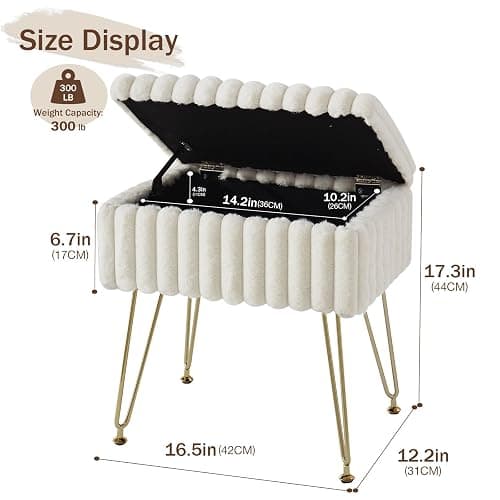 EBENCHICO Vanity Stool Chair with Storage, Faux Fur Stools for Vanity | Makeup Ottoman, Foot Stool, with 4 Metal Legs, Adjustable Feet, Small Vanity Bench, for Living Room Bedroom, White thumbnail 2