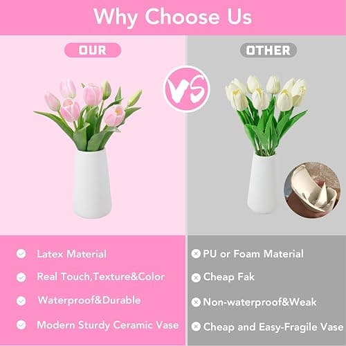 Wenhuidr Light Pink Lifelike Artificial Tulips with Ceramic Vase, Soft-Touch Latex Fake Flowers Arrangement for Wedding Centerpieces, Modern Farmhouse Home & Office Table Party Room Decor thumbnail 4