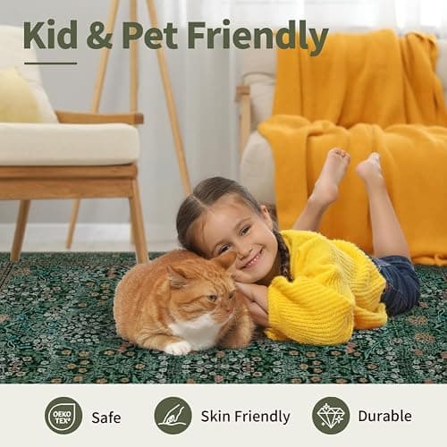 Rugxara 5x7 Area Rugs for Living Room Bedroom, Large Washable Rug, Green Vintage Floral Boho Rug, Non Slip & Low Pile Faux Wool Thin Carpet for Indoor Dining Room and Kids Room(Green 5x7ft) thumbnail 9