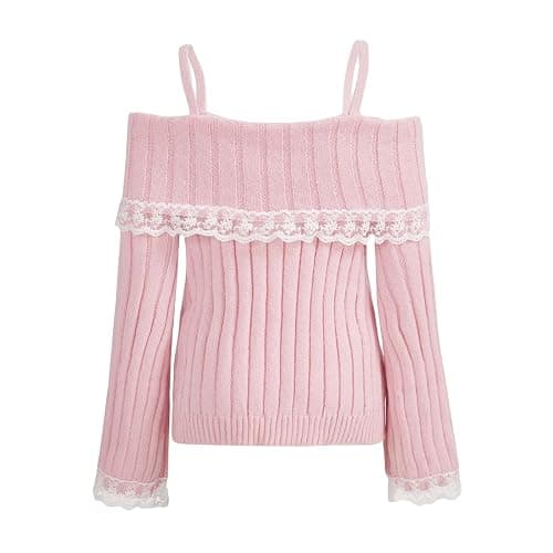 Women Off Shoulder Top Y2K Long Sleeve Lace Trim Knit Shirt Fashion Cute Solid Pullover Sweater Fall Clothes thumbnail 2