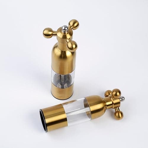 (Gold,2PCS) Salt, Pepper Modern Manual Grinder Set with Solid Handle - Stainless Steel Juego de Molinillo Dorado/Antique Faucet Shakers | Refillable Adjustable Coarseness Mill for BBQ Restaurant, Home thumbnail 6