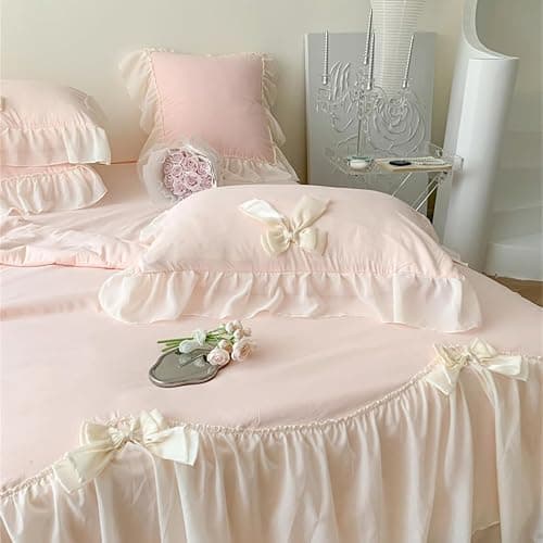 IHOUSTRIY Duvet Cover Twin Size, Ruffle Beddding Set with Bowtie, 2 Pieces Comforter Cover Set with Zipper Closure, Girl Princess Bedding with Pillowcase - Light Pink, Twin thumbnail 3