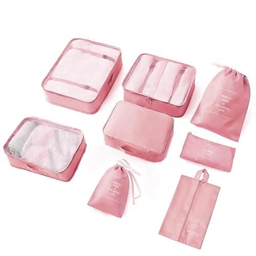 8 Pieces Mesh Packing Cubes for Travel, Luggage Packing Organizers Bags Set, Travel Essentials Suitcases Accessories with Laundry Bag, Storage Shoe Bag, Clothing Underwear Bag (Pink, 8 set) - Image 1
