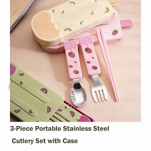 3-Piece Portable Stainless Steel Cutlery Set with Case - Cartoon Ice Cream Shapes, Mirror Polished Fork, Spoon, Chopsticks (Pink) thumbnail 7