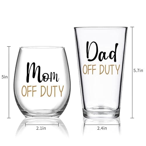 Futtumy Dad and Mom Gift Set, Dad & Mom off Duty Beer Glass and Stemless Wine Glass Combo for Daddy Mom New Parents, Funny Gift for Father’s Day Mother’s Day Christmas Birthday Daily Use Baby Shower thumbnail 3