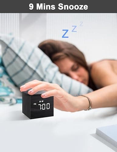 JALL Digital Alarm Clock, with Wooden Electronic LED Time Display, Dual Alarm, 2.5-inch Cubic Small Mini Wood Made Electric Clocks for Bedroom, Bedside, Desk, Black thumbnail 3