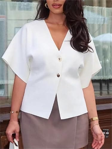 hathne Women's V Neck Short Sleeve Cardigan Sweater Button Down Ribbed Knit Tops thumbnail 3