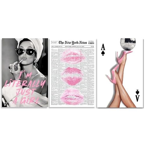 Ripiyome Funky Pink Wall Art Set of 3 Retro Glam Posters Surreal Kiss Lips High Heel Disco Ball Newspaper Woman Print Trendy Girl Quote Feminist Canvas Decor for Girly Bedroom Bar 16x24inch Unframed - Image 1
