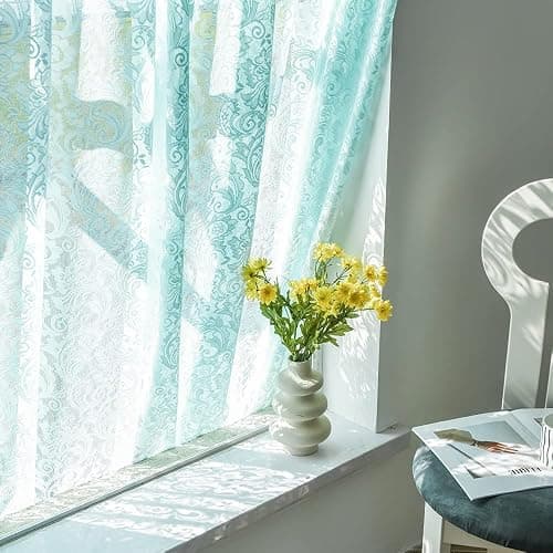 ALIGOGO Mint Green Curtains for Bedroom - Lace Sheer Seafoam Aqua Curtains 63 Inches Length for Baby Girl Bedroom, Rod Pocket Ocean Coastal Beach Summer Decor 52 W x 63 L, 1 Pair, Aqua thumbnail 8