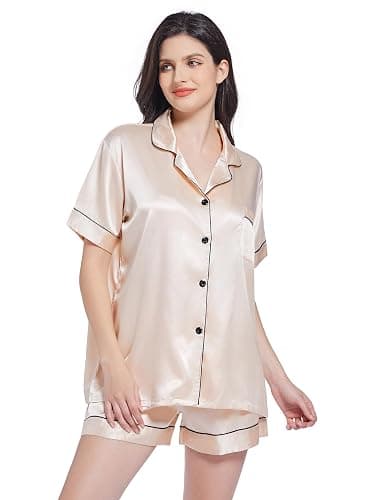 Gemschest Women Silk Satin Pyjamas Set: Ladies Pajamas Bottoms Short Sleeve 2 Piece Pjs Soft Button-down Woman Nightwear thumbnail 5
