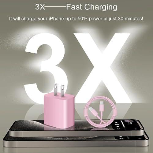 iPhone 17 16 15 Charger Fast Charging 3+3Pack 20W USB C Wall Charger with Extra Long 10FT Fast Charging Cable Compatible with iPhone 17/17 Air/17 Pro/17 Pro Max/iPhone 16/15 Series, iPad Pro-Pink thumbnail 2