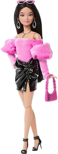 Barbie Deluxe Style Doll #13 in Pink Barbiecore Velveteen Top with Puffed Sleeves, Black Vinyl Mini Skirt, Black Hair, Pink Purse and Sunglasses - Image 1