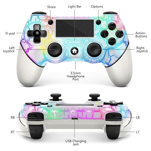 AceGamer Wireless Controller for PS4, White Crack Custom Design with RGB Light,1000mAh Battery and 3.5mm Audio Jack, V2 Gamepad Joystick Compatible with PS4/Slim/Pro and Windows PC! (White-Light Up) thumbnail 2