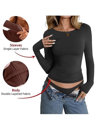 EasyGala Womens Double Lined Long Sleeve Shirts Boat Neck Going Out Tops Trendy Slim Fitted Tees Basic Fall Outfits 2025 thumbnail 3