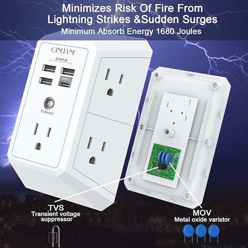 Wall Charger, Surge Protector, QINLIANF 5 Outlet Extender with 4 USB Charging Ports, 3-Sided 1680J Power Strip Multi Plug Adapter Spaced for Home Travel Office thumbnail 6