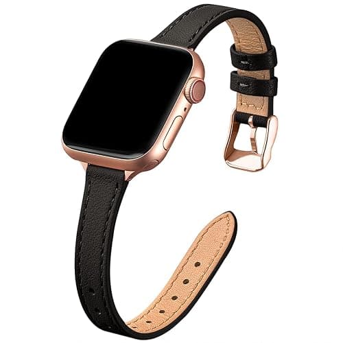STIROLL Slim Leather Bands Compatible with Apple Watch Band 38mm 40mm 41mm 42mm(Series 11 10), Top Grain Leather Watch Thin Wristband for iWatch SE 9 8 7 6 5 4 3 2 1 (Black Rose Gold) - Image 1