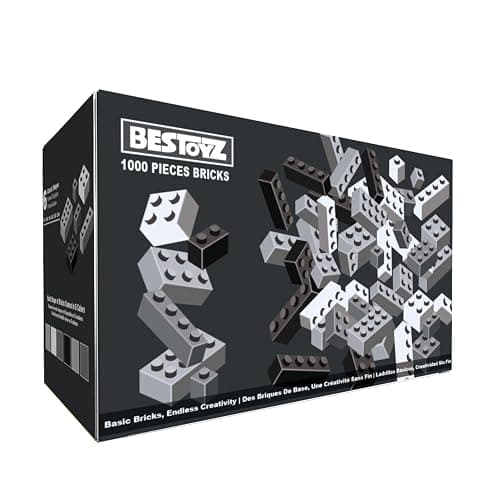 Building Bricks 1000 Pieces in Black, Dark Grey, Light Grey & White, Classic General Building Blocks Toys for Boys & Girls, Bulk Basic Brick Tiles for Adult's Building Projects - Image 1