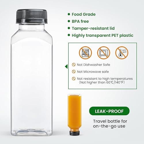 24 PACK, 12 OZ Reusable Thicker Plastic Juice Bottles with Caps, Leakproof | Plus 24 Labels & 2 Funnels, Clear Juicing Bottles for Juice, Smoothies, Ginger, Tea, Coffee -Food Grade & Travel & Freezable thumbnail 5