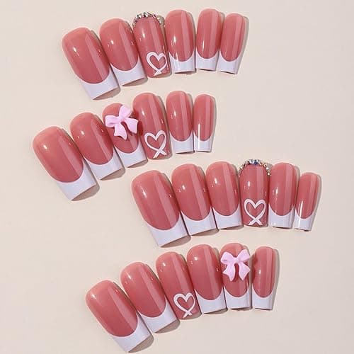YKZFUI French Tip Press on Nails with Charms Medium Fake Nails White French Nails Press ons Cute Bow Stick on Nails Long Square Shape Acrylic Nails Heart Nails Rhinestones Nails for Women Daily Wear thumbnail 3