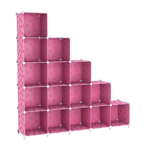 UNKU Cube Storage Organizer, 15 Cube Closet Organizer Storage Shelves, DIY Stackable Bookcase, Clothes Organizer Shelf for Closet, Bedroom, Living Room, Cabinet, Home, Office, Pink - Image 1