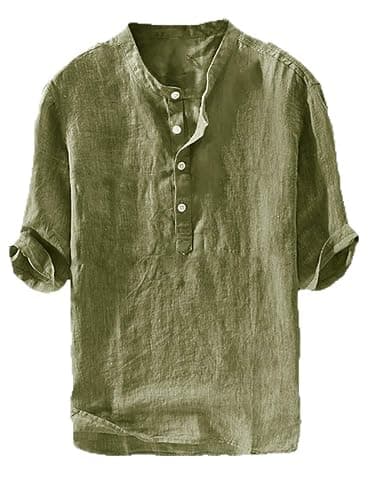 Ryannology Mens Linen Shirts Casual Cotton 3/4 Sleeve Regular-Fit Henley T-Shirt Summer Lightweight Beach Yoga Tops - Image 1