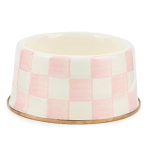 MACKENZIE-CHILDS Enamel Pet Bowl, Cute Cat and Dog Bowl for Food and Water, Medium, Pink-and-White Rosy Check - Image 1