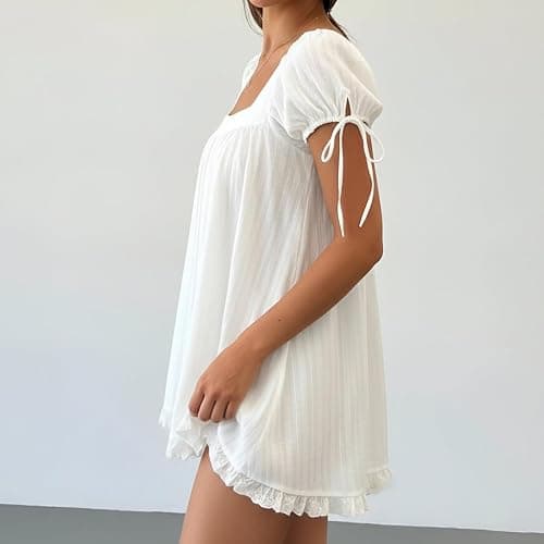 Women Square Neck Babydoll Dress Short Puff Sleeve Lace Trim Ruffle Hem Loose Fit Summer Casual Mini Dress thumbnail 3