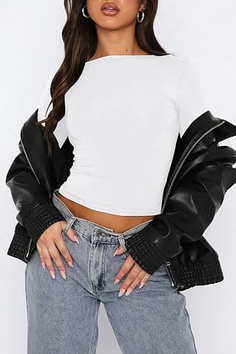 ForeFair Women Sexy Backless Short Sleeve Slim Fit Crewneck Summer Casual Y2K Crop Tee - Medium - A White thumbnail 5