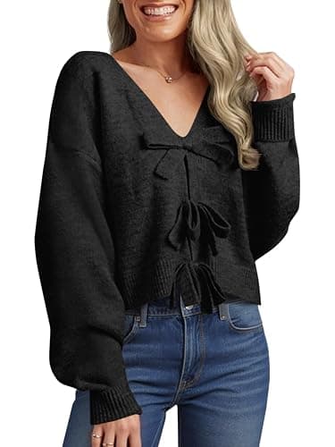 Saodimallsu Womens Bow Sweater Cropped V Neck Long Sleeve Fall Cozy Knit Loose Trendy Pullover Sweaters - Image 1