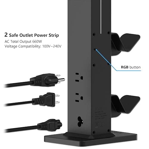 KAFRI RGB Gaming Headphone Stand with Controller Holder, Desk Organizer with Retractable Charger Cable, 2 AC Outlets & 4 Type-C Charging Ports, PC Gaming Accessories for Headset & Controller (Black) thumbnail 6