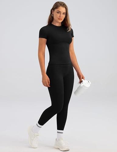 Relety Womens Two Piece Workout Sets Slim Fit Short Sleeve Shirt High Waist Leggings Yoga Outfits Matching Gym Set thumbnail 2