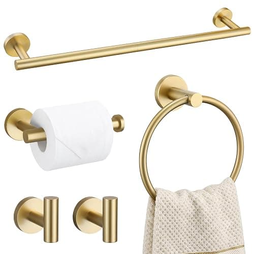 TURS Brushed Gold 5 Piece Bathroom Hardware Set, SUS304 Stainless Steel 24 Inch Bath Towel Bar Set, Round Bathroom Accessories Kit Wall Mounted - Image 1