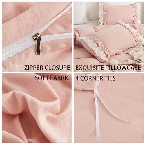 Koudi Pink Ruffled Duvet Cover Set Full Size Shabby Chic White Ruffle Fringe Comforter Cover Solid Color Vintage Farmhouse Bedding Set Soft Microfiber with Zipper Ties thumbnail 5