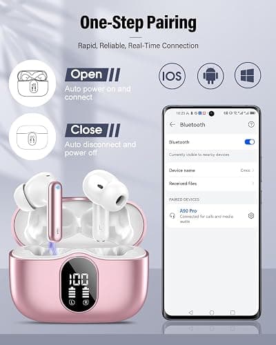 Wireless Earbuds, Bluetooth 5.4 Headphones Bass Stereo, Ear Buds with Noise Cancelling Mic, IP7 Waterproof in Ear Earphones, 36H LED Display Bluetooth Earbuds for Laptop Pad Phones Sports, Rose Gold - Rose Gold thumbnail 6