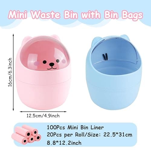 IBEQUEM Mini Trash Can, Cute Small Trash Can with Lid, Desktop Paper Bin with 5 Rolls of Bin Liners, Portable Tabletop Dustbin, Cartoon Animal Rubbish Storage for Office Bedroom Desk Car Kitchen(Pink) thumbnail 2
