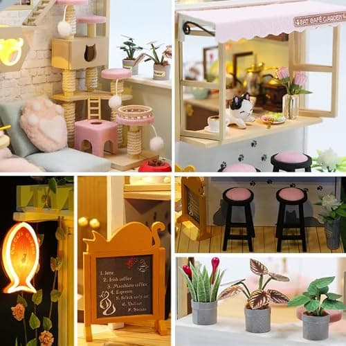 DIY Cat Cafe Puppenhaus Miniatur-Kit Katze Coffee Shop 3D Modellbausätze Holz Puppenhaus Möbel Lichter Zubehör Geburtstag für Kinder Jungen Mädchen thumbnail 5