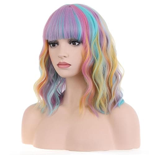 PATTNIUM 14 Inches Rainbow Wig Short Wavy Wig Pastel Rainbow Wig with Bangs Multi Color Wig for Women Girls Heat Resistant Synthetic Cosplay Costume Wig (Rainbow) - Multi-color thumbnail 4