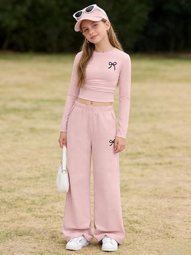 Afsmlys Tween Girls Clothes Long Sleeve Bow Knot Print Top + Wide Leg Pants 2 Piece Outfit Set, Size 7-16 Years thumbnail 5