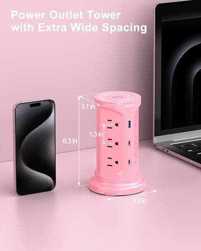 Tower Power Strip Surge Protector with 12 Outlets 3 USB Ports(2 Type C), 6.5 FT Ultra Flat Extension Cord with Multiple Outlets, Flat Plug Outlet Extender with Screw Wall Mount for Home Office Dorm thumbnail 6