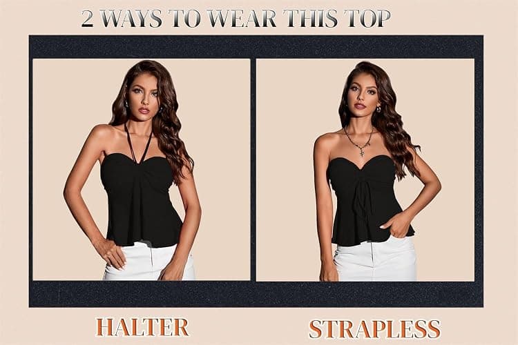Milumia Women Tie Front Ruched Tube Top Strapless Flared Hem Peplum Bandeau Tops thumbnail 4